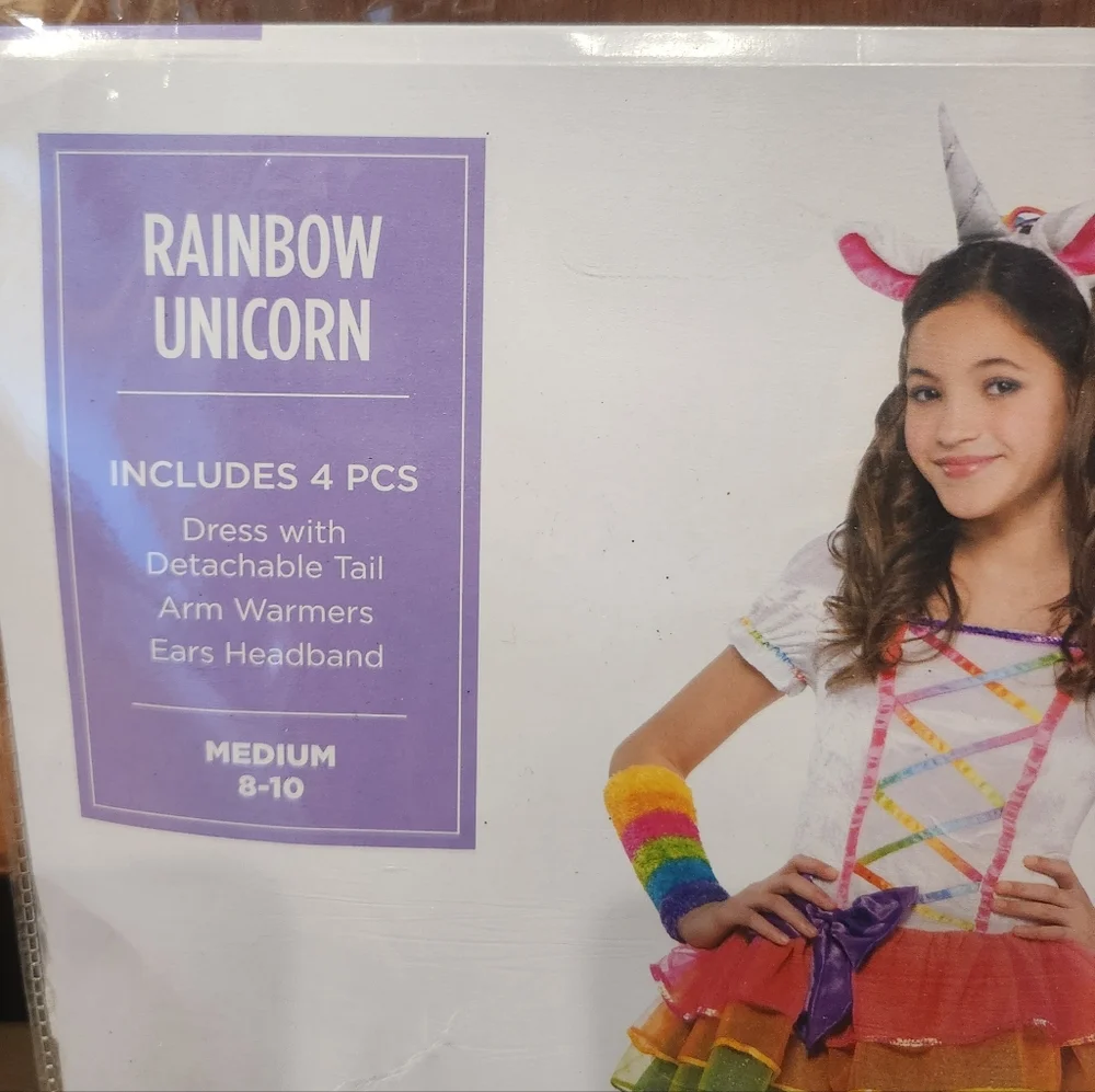 Rainbow Unicorn Costume Kids Girls Halloween Dress Up Size Medium 8-10 YRS *NEW*
